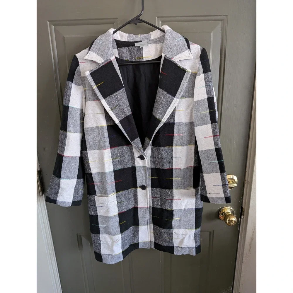 Anthropologie The Odells‎ Cairo Plaid Longline Blazer Jacket Black White XS